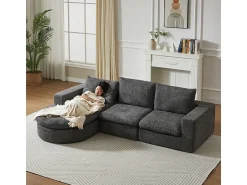 Sofá|DripeX Sofá de Canto Modular 3 Lugares, com Chaise Longue Curva Reversível, 3 Almofadas e Almofadas Cervicais, Tecido Chenille, Cinza Cinzento