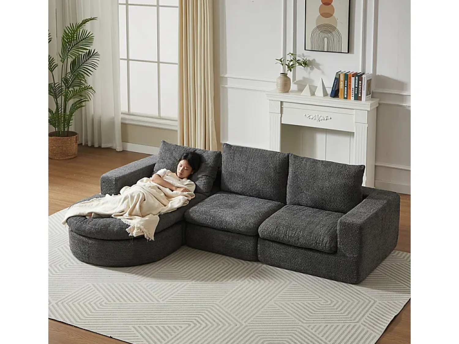 Sofá|DripeX Sofá de Canto Modular 3 Lugares, com Chaise Longue Curva Reversível, 3 Almofadas e Almofadas Cervicais, Tecido Chenille, Cinza Cinzento