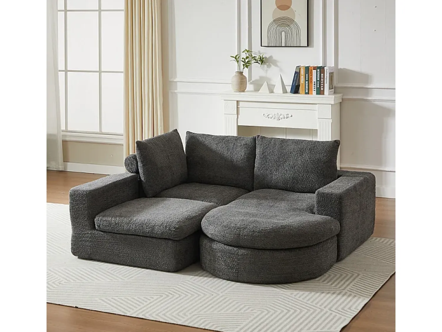 Sofá|DripeX Sofá de Canto Modular 3 Lugares, com Chaise Longue Curva Reversível, 3 Almofadas e Almofadas Cervicais, Tecido Chenille, Cinza Cinzento