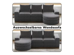 Sofá|DripeX Sofá de Canto Modular 3 Lugares, com Chaise Longue Curva Reversível, 3 Almofadas e Almofadas Cervicais, Tecido Chenille, Cinza Cinzento