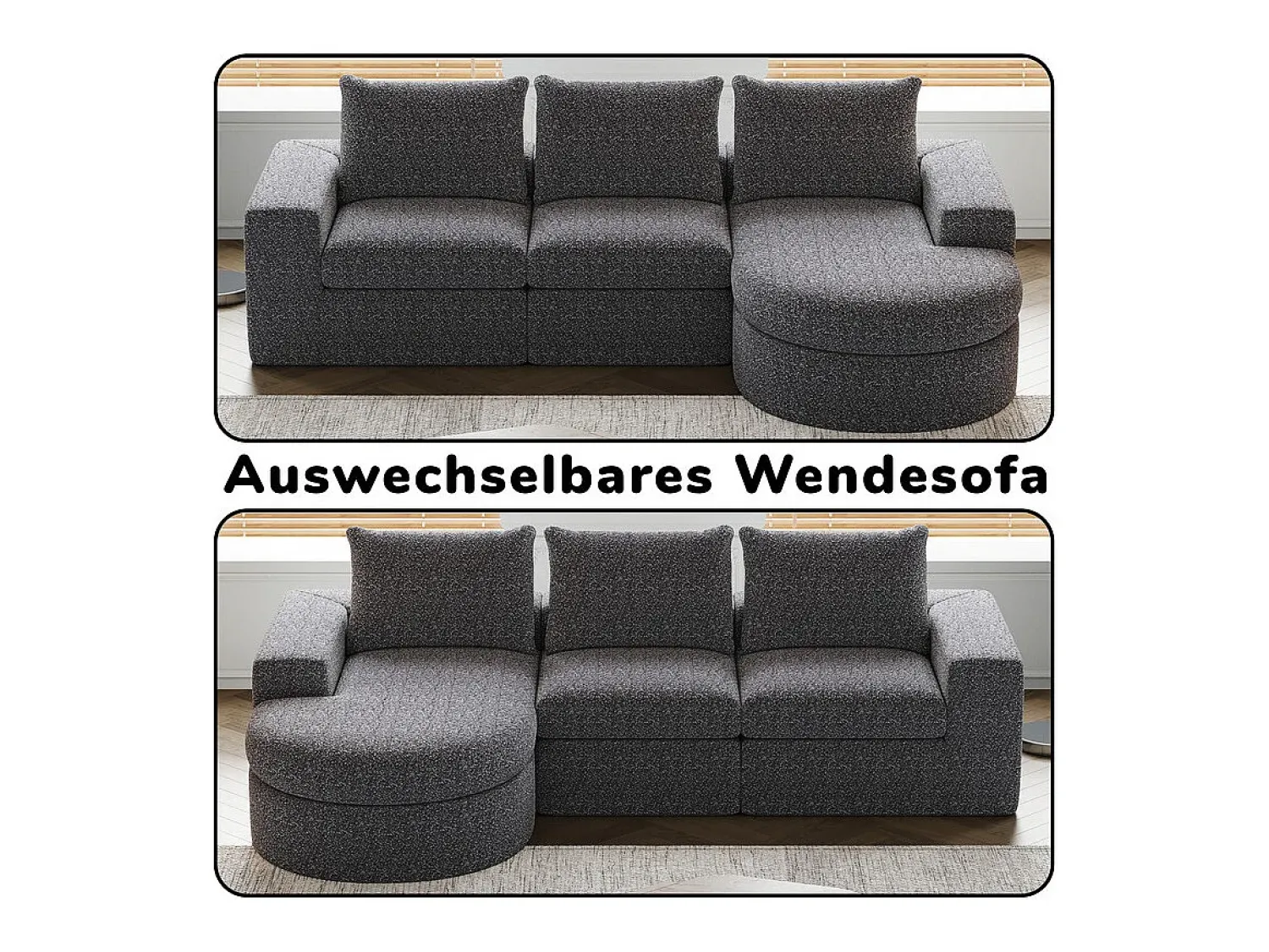 Sofá|DripeX Sofá de Canto Modular 3 Lugares, com Chaise Longue Curva Reversível, 3 Almofadas e Almofadas Cervicais, Tecido Chenille, Cinza Cinzento