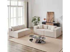 Sofá|DripeX Sofá de canto modular - Veludo canelado - 3/4 lugares - 3 almofadas e 3 travesseiros - Bege