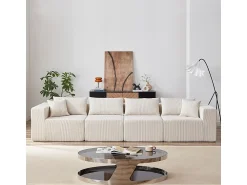 Sofá|DripeX Sofá de canto modular - Veludo canelado - 3/4 lugares - 3 almofadas e 3 travesseiros - Bege