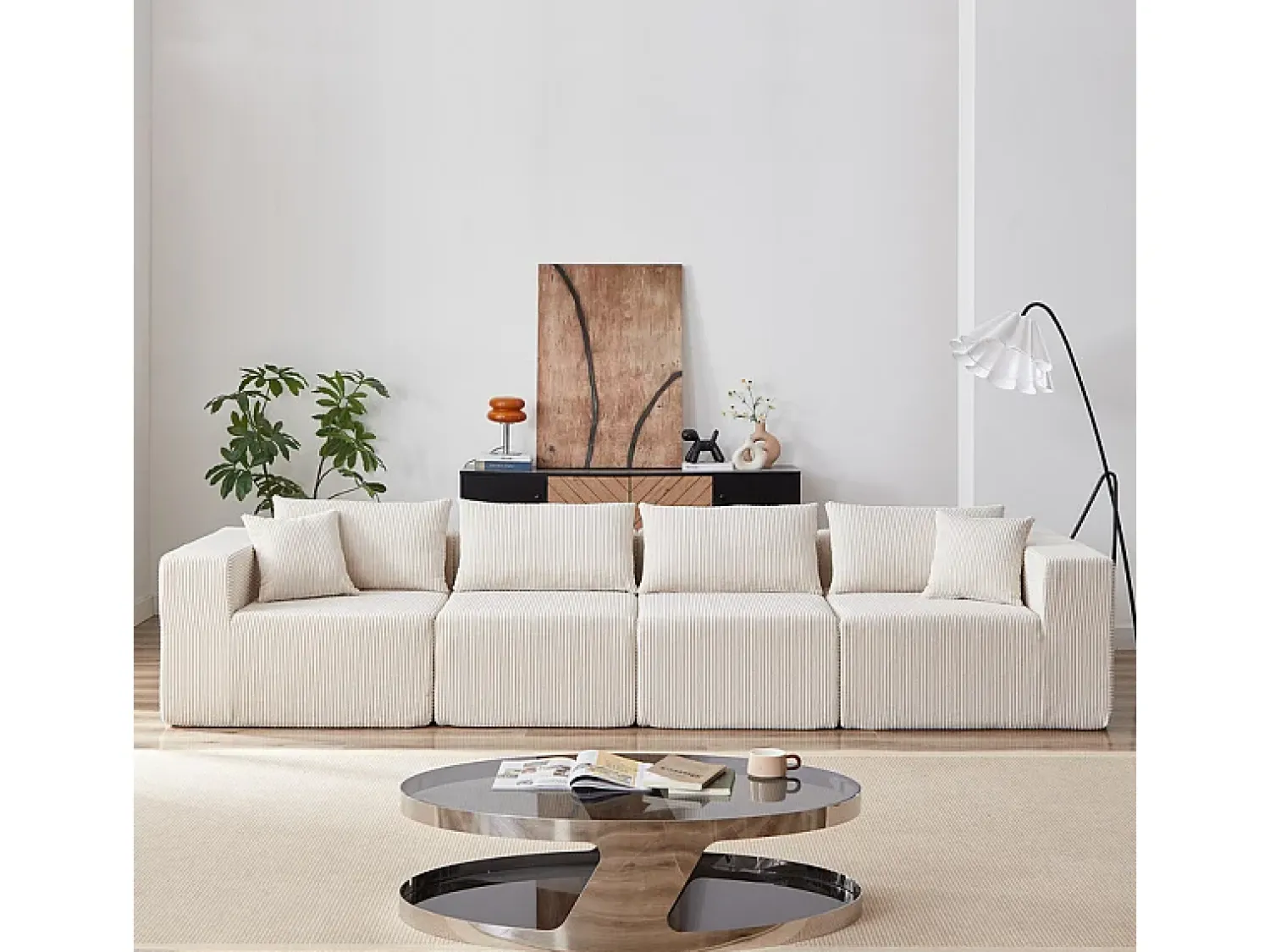 Sofá|DripeX Sofá de canto modular - Veludo canelado - 3/4 lugares - 3 almofadas e 3 travesseiros - Bege