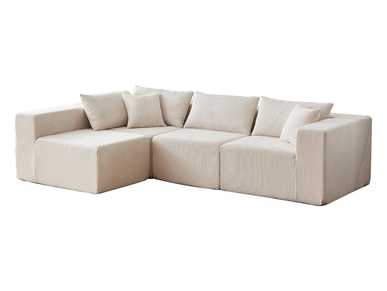 Sofá|DripeX Sofá de canto modular - Veludo canelado - 3/4 lugares - 3 almofadas e 3 travesseiros - Bege