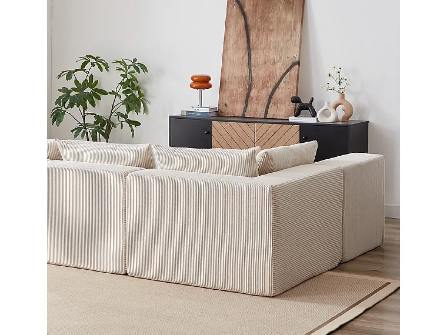 Sofá|DripeX Sofá de canto modular - Veludo canelado - 3/4 lugares - 3 almofadas e 3 travesseiros - Bege