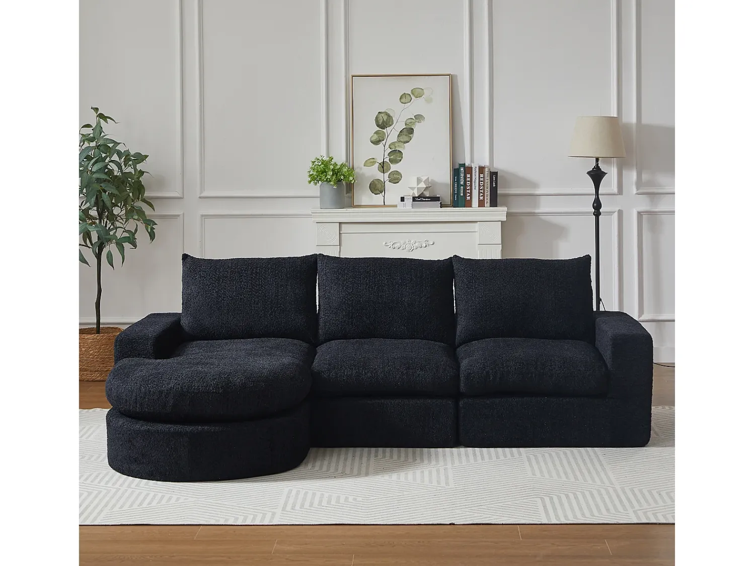 Hauss Spole Sofá de canto modular de 6 lugares com chaise longue - Tecido chenille - Não necessita de montagem Preto