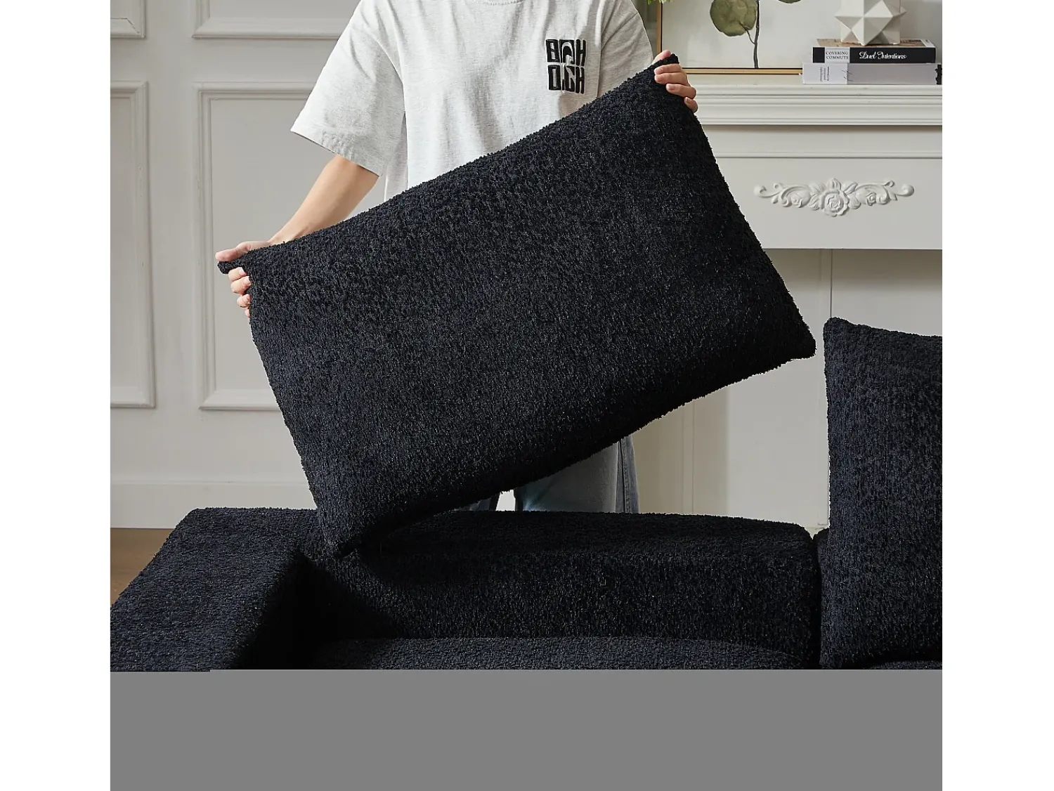 Hauss Spole Sofá de canto modular de 6 lugares com chaise longue - Tecido chenille - Não necessita de montagem Preto