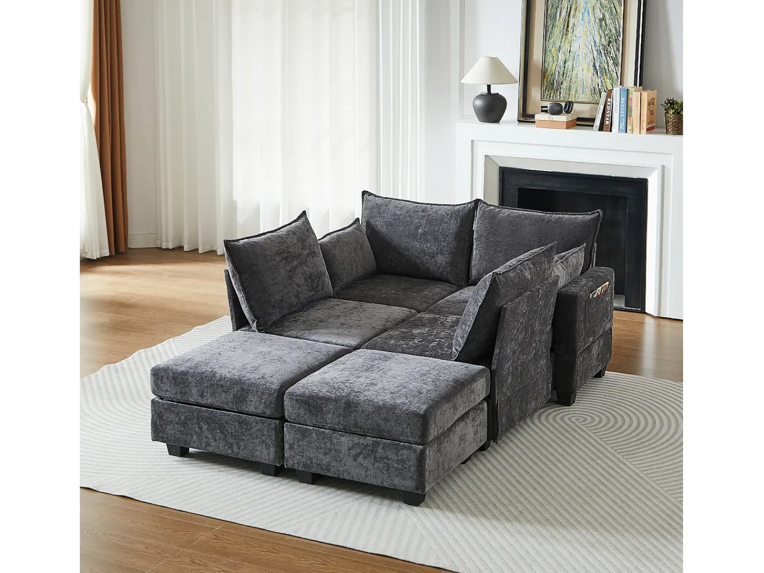 Sofá*Hauss Spole Sofá de canto modular de 6 lugares com 6 compartimentos de arrumação - Tecido chenille Cinzento