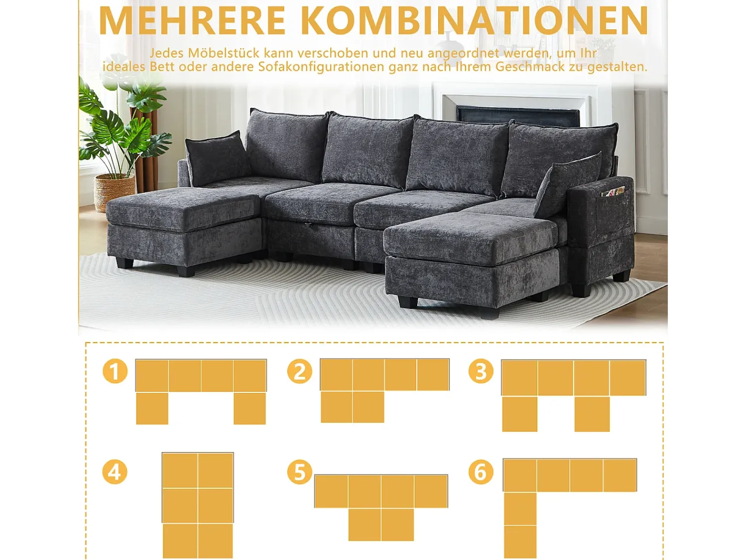 Sofá*Hauss Spole Sofá de canto modular de 6 lugares com 6 compartimentos de arrumação - Tecido chenille Cinzento