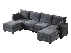 Sofá*Hauss Spole Sofá de canto modular de 6 lugares com 6 compartimentos de arrumação - Tecido chenille Cinzento