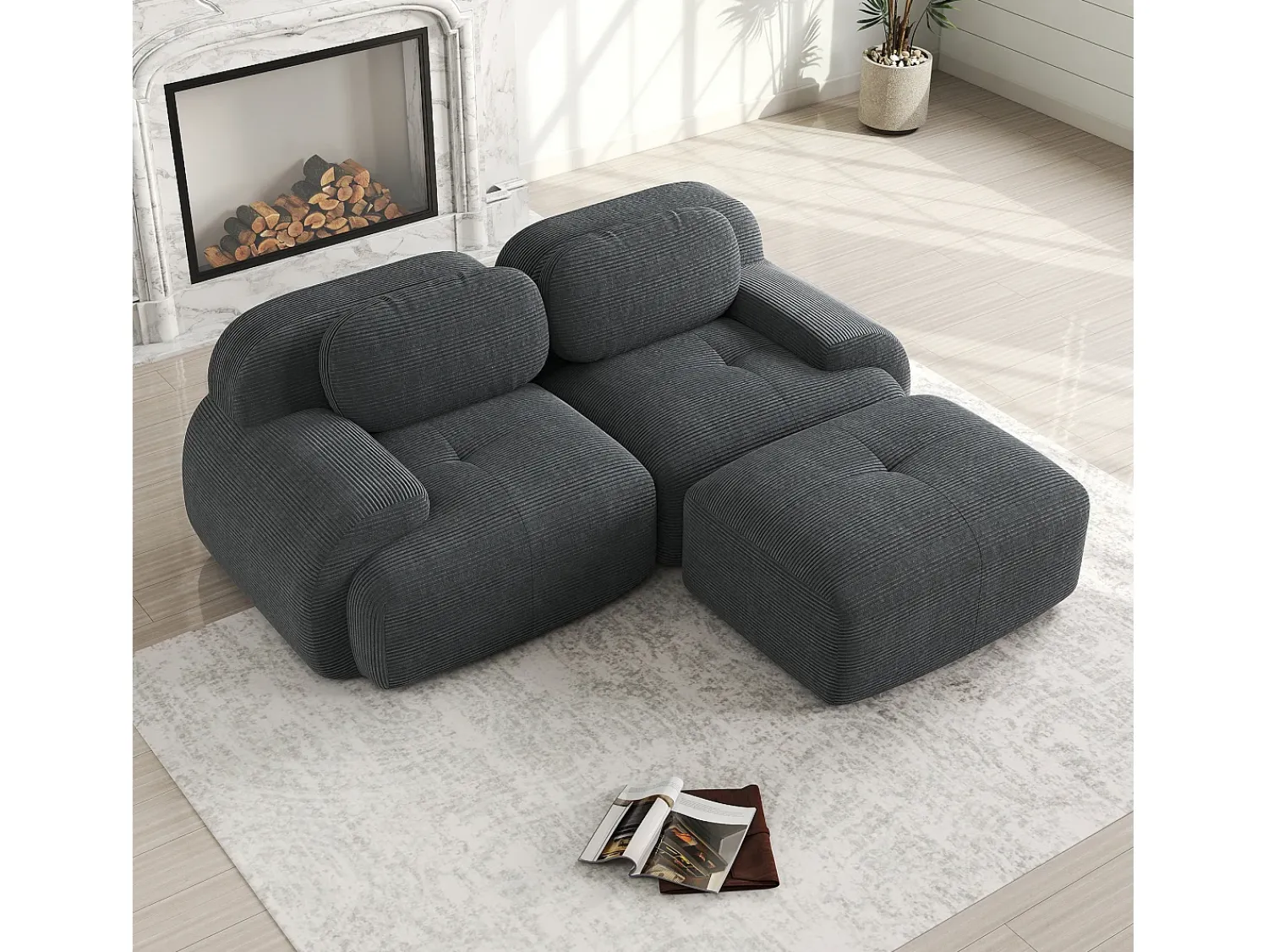 Outlet Sofá de canto modular de 82" em veludo cotelê, sem necessidade de montagem, cinza Cinzento