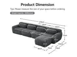 Sofá*DripeX Sofá de Canto Modular em tecido peluche, com puff e 4 almofadas, sem estrutura, 378x179x73cm, Cinza Cinzento