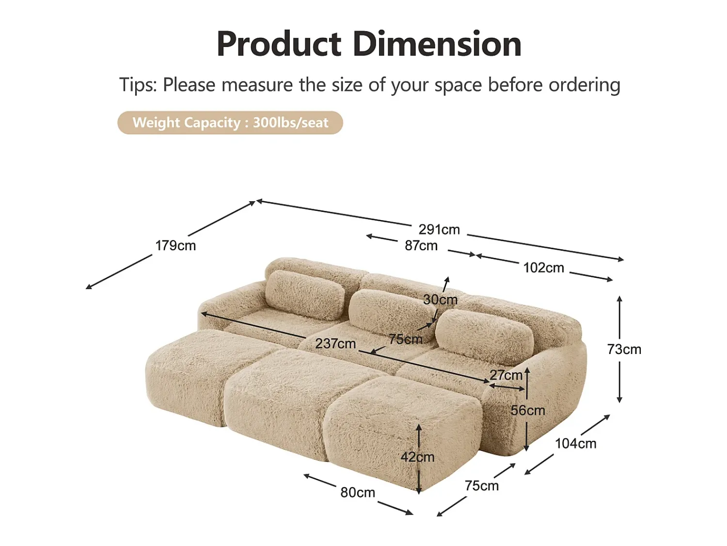Sofá*DripeX Sofá de Canto Modular em tecido peluche, com 3 puffs e 3 almofadas, 291x179x73cm, Caqui
