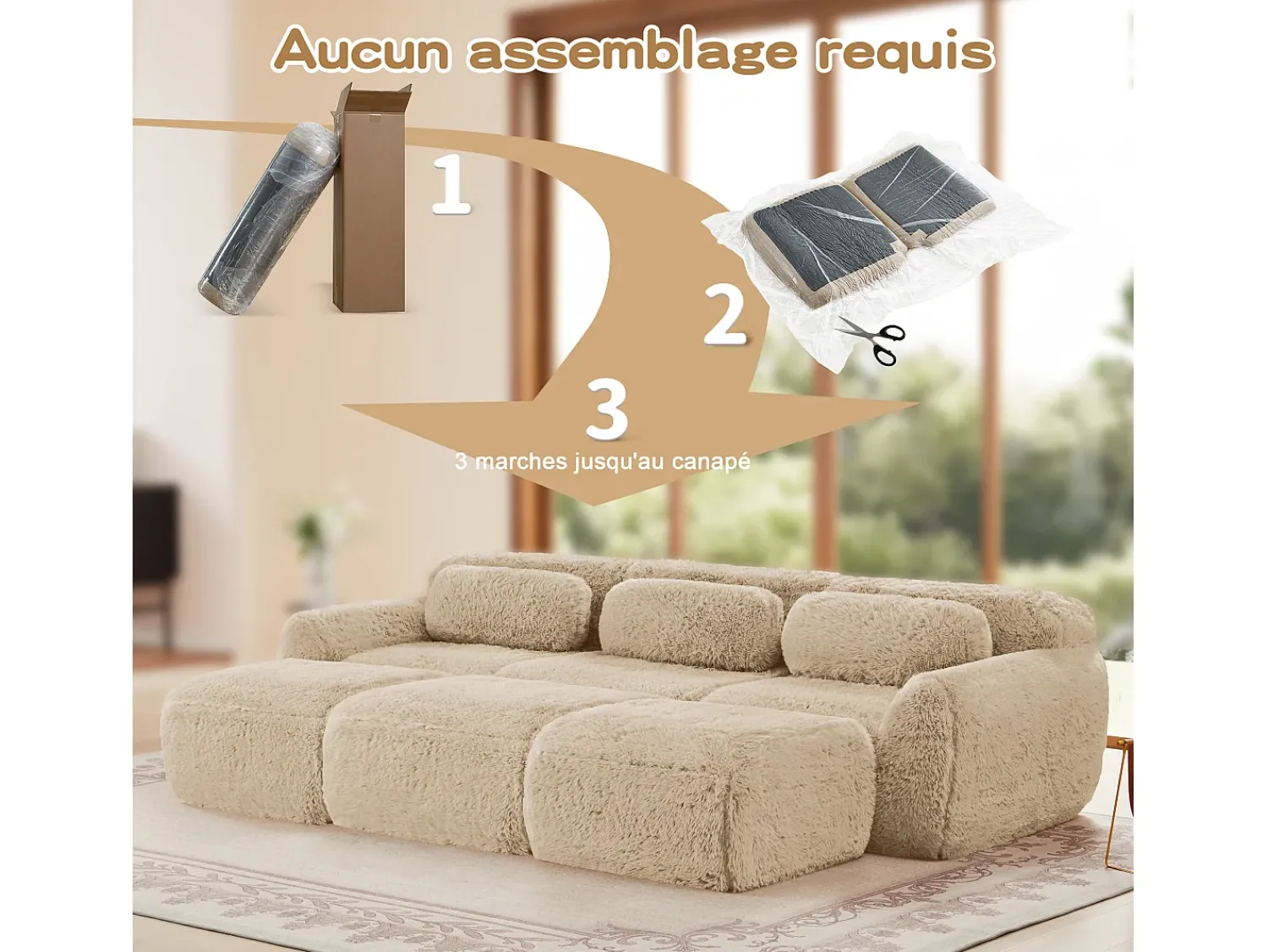 Sofá*DripeX Sofá de Canto Modular em tecido peluche, com 3 puffs e 3 almofadas, 291x179x73cm, Caqui