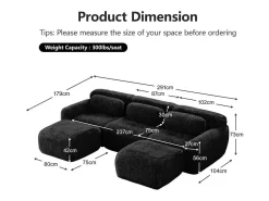 Sofá*DripeX Sofá de Canto Modular em tecido peluche, com 2 puffs e 3 almofadas, 291x179x73cm, Preto