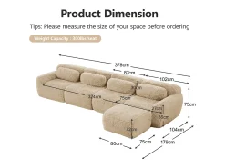 Sofá|DripeX Sofá de Canto Modular em tecido peluche, com puff e 4 almofadas, sem estrutura, 378x179x73cm, Caqui