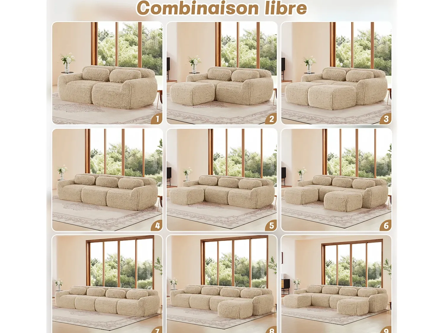 Sofá|DripeX Sofá de Canto Modular em tecido peluche, com puff e 4 almofadas, sem estrutura, 378x179x73cm, Caqui