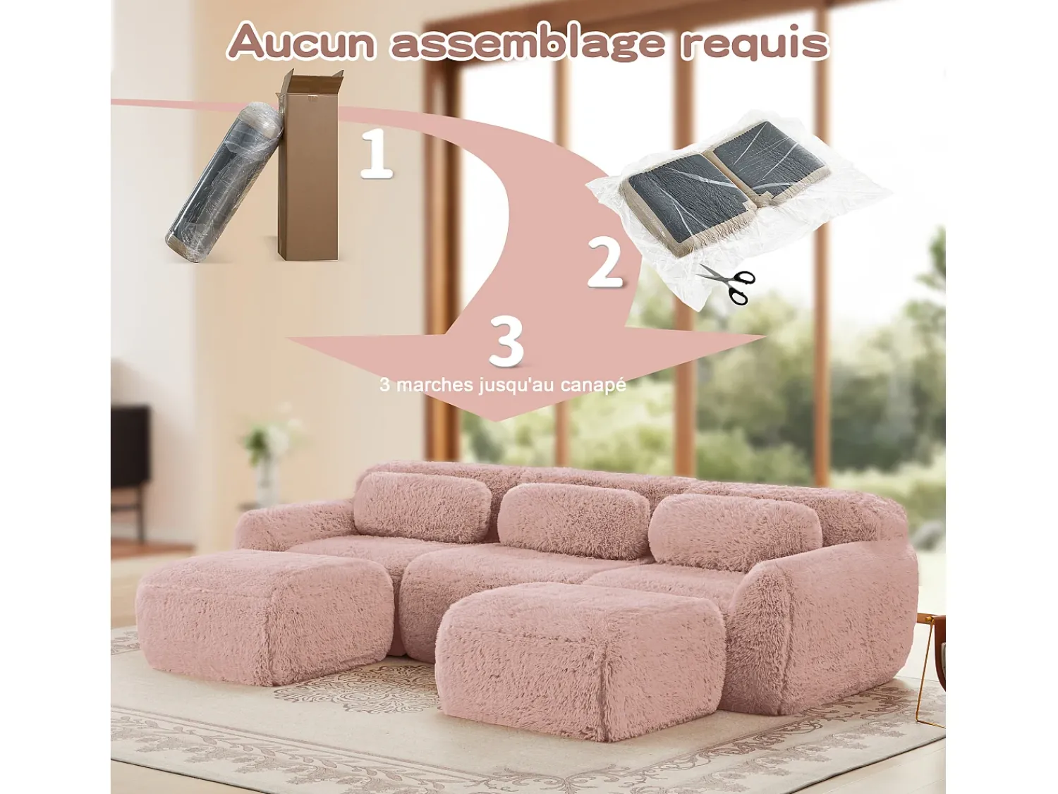 DripeX Sofá de Canto Modular em tecido peluche, com 2 puffs e 3 almofadas, 291x179x73cm, Rosa