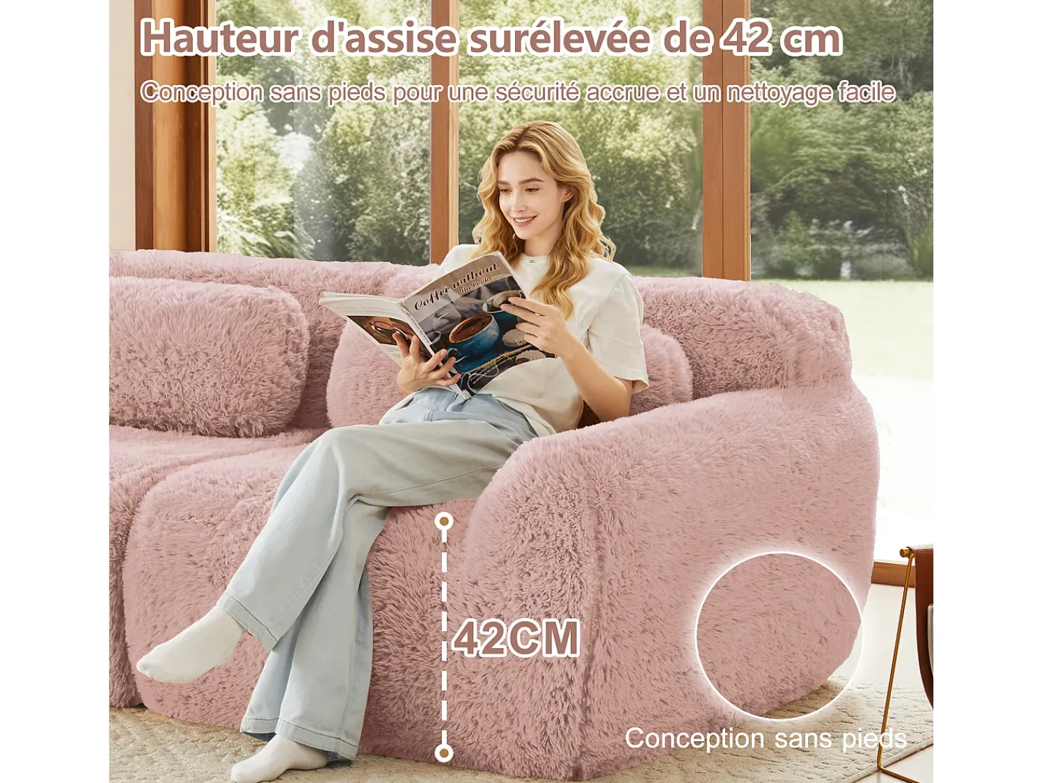 DripeX Sofá de Canto Modular em tecido peluche, com 2 puffs e 3 almofadas, 291x179x73cm, Rosa