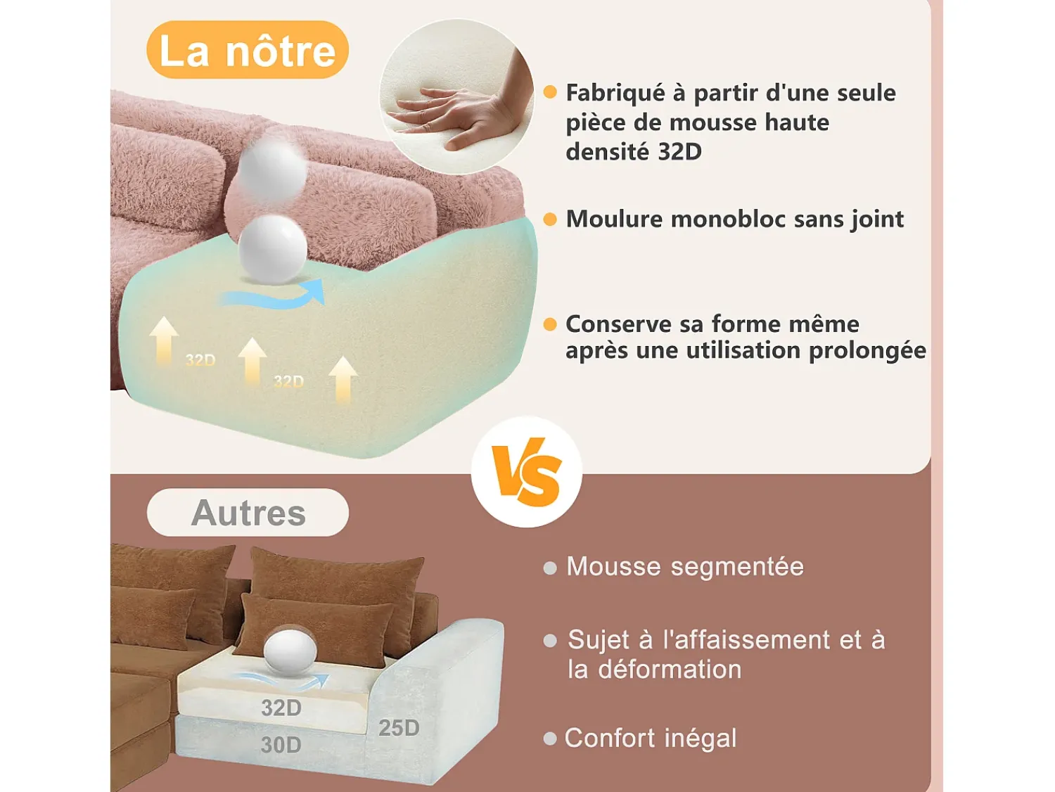 DripeX Sofá de Canto Modular em tecido peluche, com 2 puffs e 3 almofadas, 291x179x73cm, Rosa