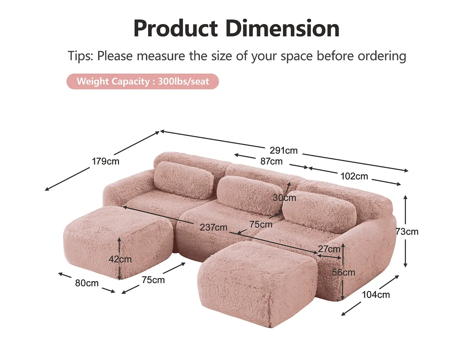 DripeX Sofá de Canto Modular em tecido peluche, com 2 puffs e 3 almofadas, 291x179x73cm, Rosa