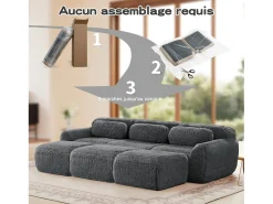 Sofá*DripeX Sofá de Canto Modular em tecido peluche, com 3 puffs e 3 almofadas, 291x179x73cm, Cinza Cinzento