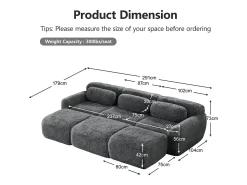 Sofá*DripeX Sofá de Canto Modular em tecido peluche, com 3 puffs e 3 almofadas, 291x179x73cm, Cinza Cinzento