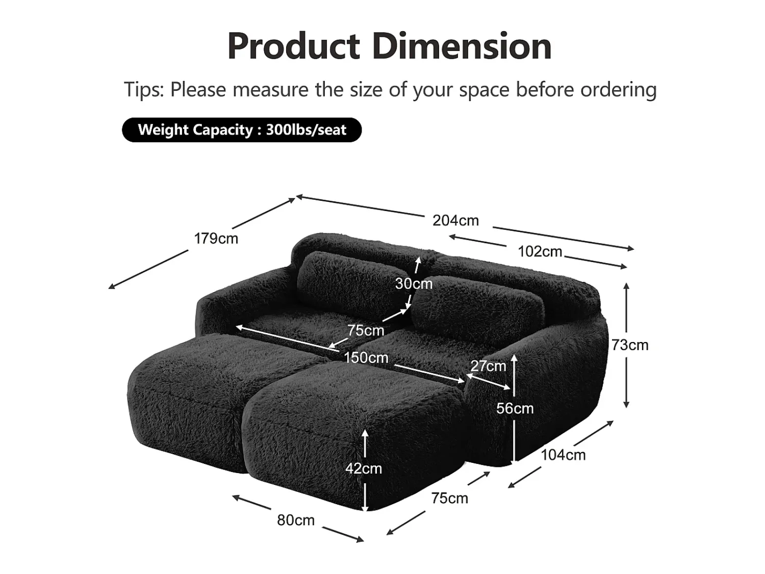 New DripeX Sofá de Canto Modular em tecido peluche, com 2 puffs e 2 almofadas, 204x179x73cm, Preto