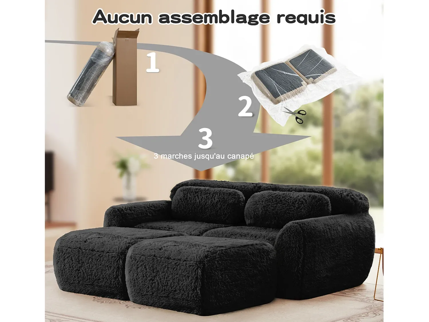 New DripeX Sofá de Canto Modular em tecido peluche, com 2 puffs e 2 almofadas, 204x179x73cm, Preto