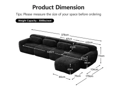 Hot DripeX Sofá de Canto Modular em tecido peluche, com puff e 4 almofadas, sem estrutura, 378x179x73cm, Preto