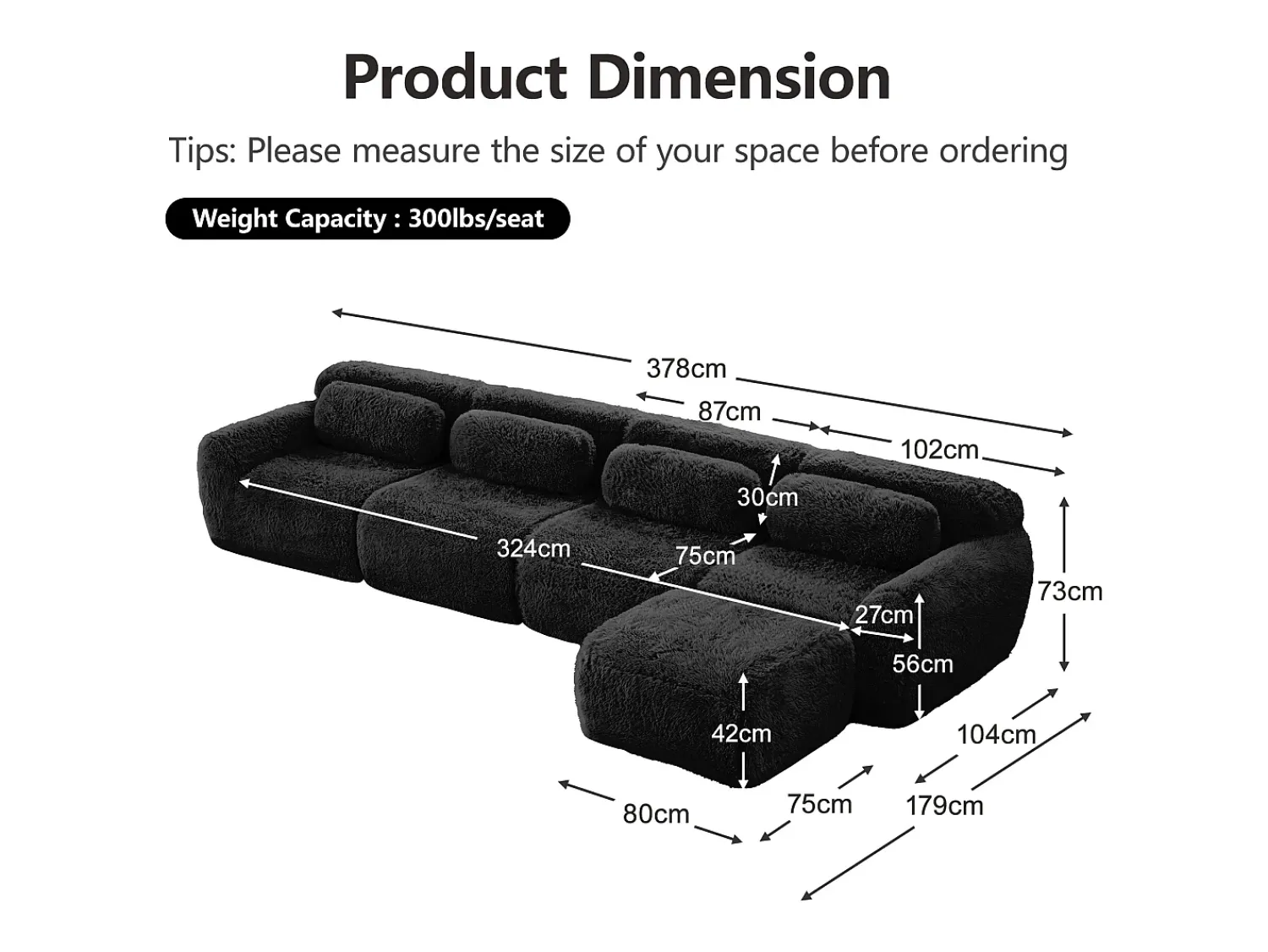 Hot DripeX Sofá de Canto Modular em tecido peluche, com puff e 4 almofadas, sem estrutura, 378x179x73cm, Preto