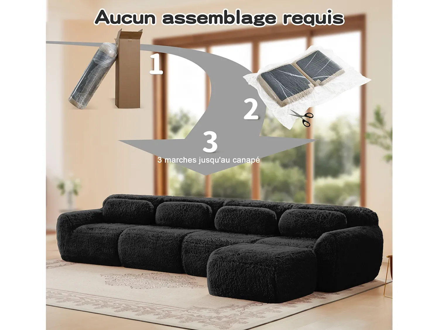 Hot DripeX Sofá de Canto Modular em tecido peluche, com puff e 4 almofadas, sem estrutura, 378x179x73cm, Preto