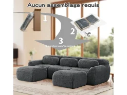 Sofá|DripeX Sofá de Canto Modular em tecido peluche, com 2 puffs e 3 almofadas, 291x179x73cm, Cinza Cinzento