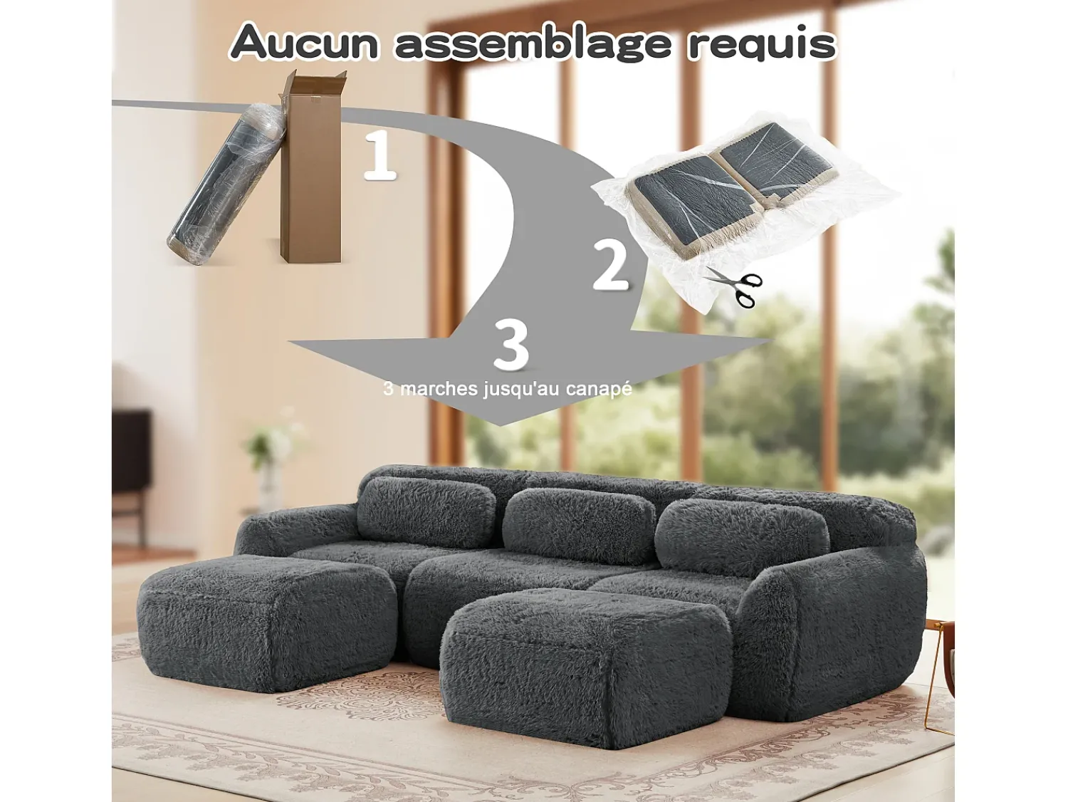 Sofá|DripeX Sofá de Canto Modular em tecido peluche, com 2 puffs e 3 almofadas, 291x179x73cm, Cinza Cinzento