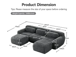 Sofá|DripeX Sofá de Canto Modular em tecido peluche, com 2 puffs e 3 almofadas, 291x179x73cm, Cinza Cinzento