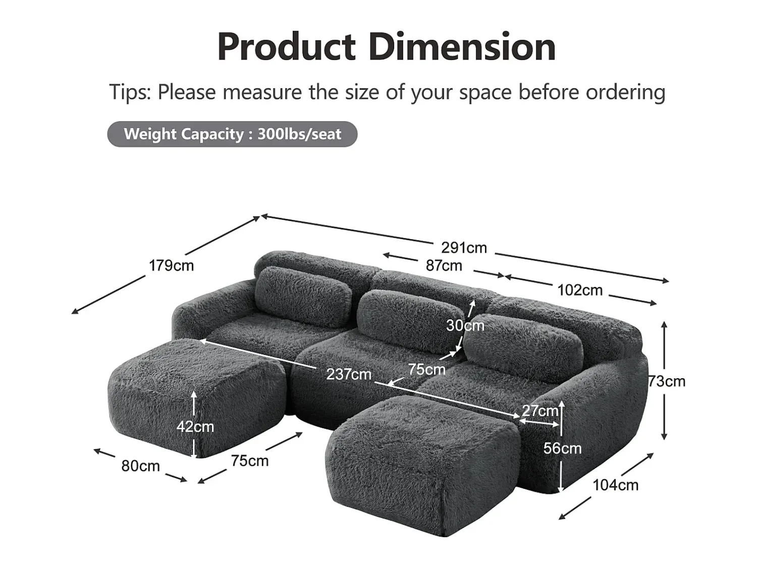 Sofá|DripeX Sofá de Canto Modular em tecido peluche, com 2 puffs e 3 almofadas, 291x179x73cm, Cinza Cinzento