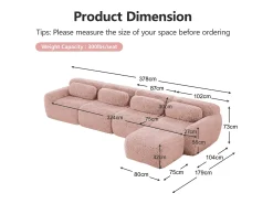 Sofá*DripeX Sofá de Canto Modular em tecido peluche, com puff e 4 almofadas, sem estrutura, 378x179x73cm, Rosa