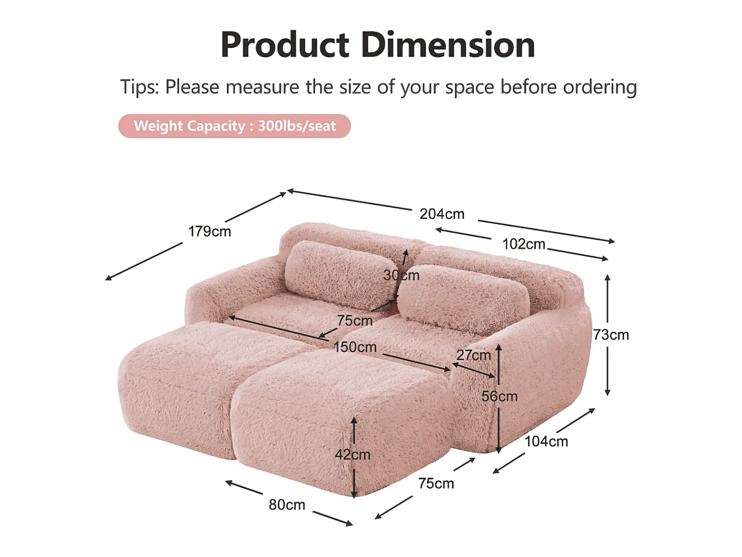 DripeX Sofá de Canto Modular em tecido peluche, com 2 puffs e 2 almofadas, 204x179x73cm, Rosa