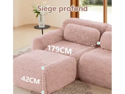 DripeX Sofá de Canto Modular em tecido peluche, com 2 puffs e 2 almofadas, 204x179x73cm, Rosa