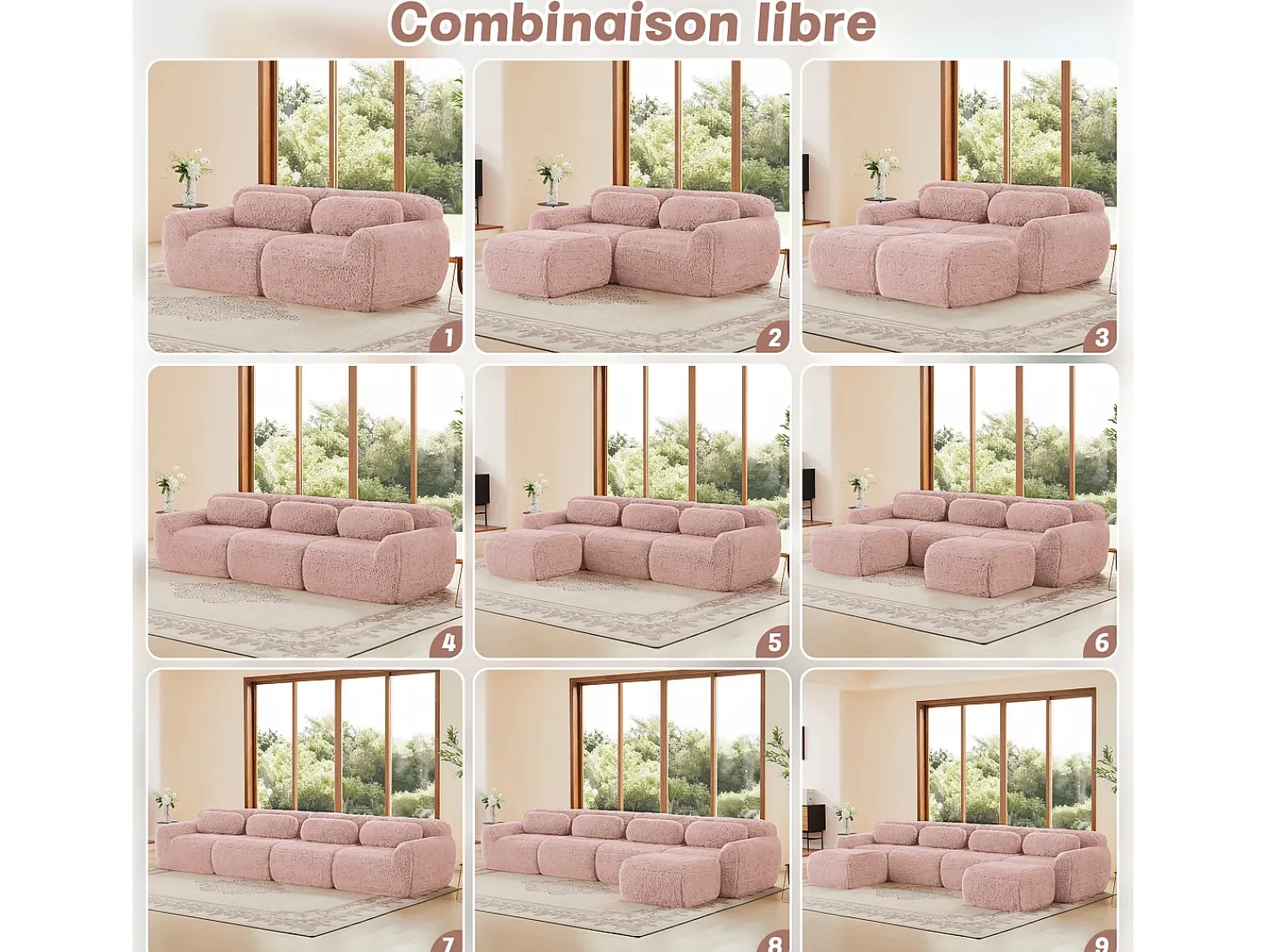 DripeX Sofá de Canto Modular em tecido peluche, com 2 puffs e 2 almofadas, 204x179x73cm, Rosa