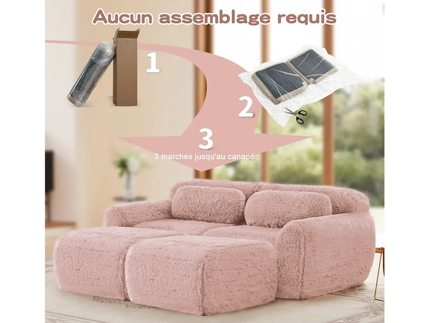 DripeX Sofá de Canto Modular em tecido peluche, com 2 puffs e 2 almofadas, 204x179x73cm, Rosa
