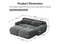DripeX Sofá de Canto Modular em tecido peluche, com 2 puffs e 2 almofadas, 204x179x73cm, Cinza^ Sofá