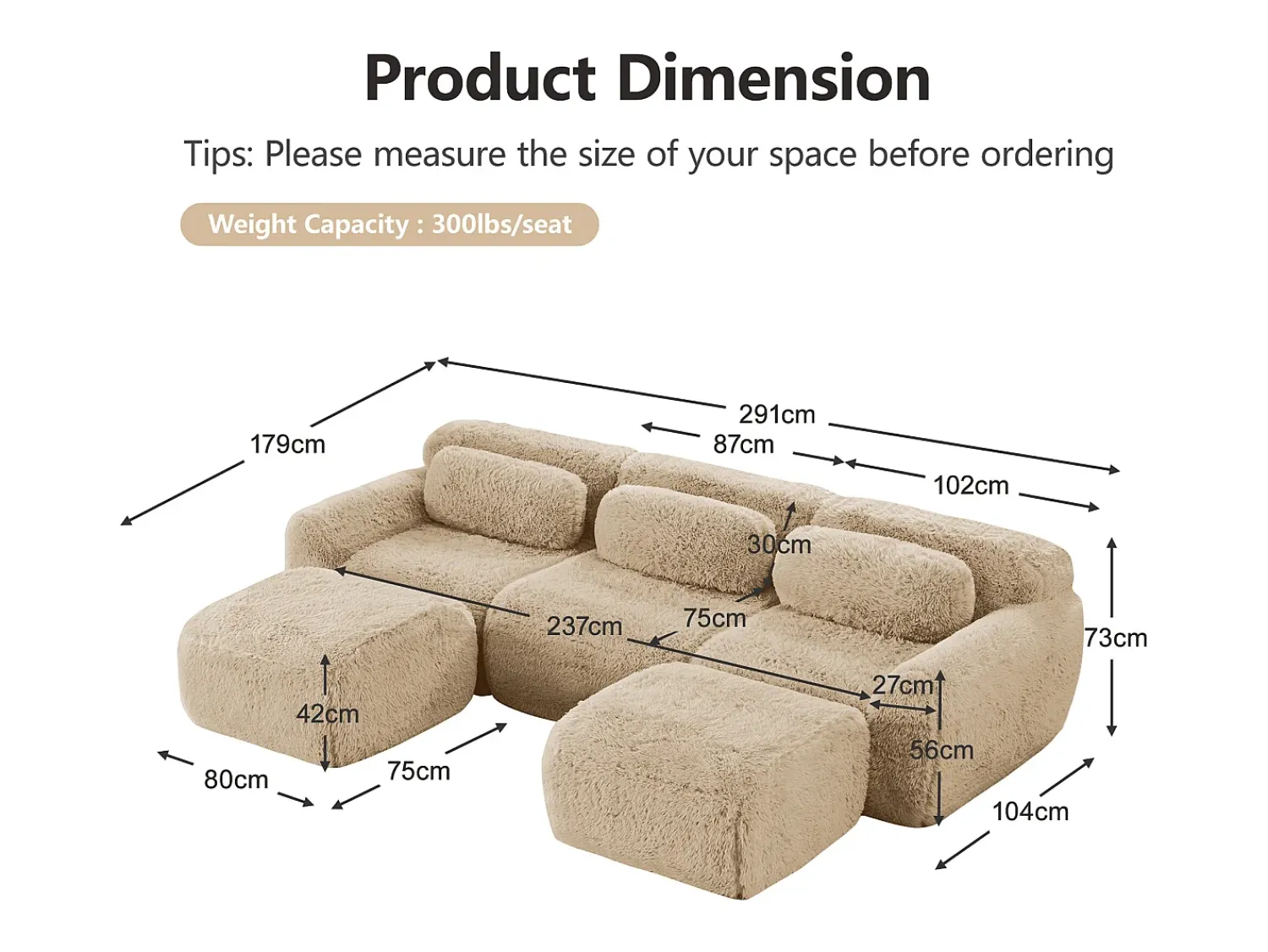 Sofá*DripeX Sofá de Canto Modular em tecido peluche, com 2 puffs e 3 almofadas, 291x179x73cm, Caqui