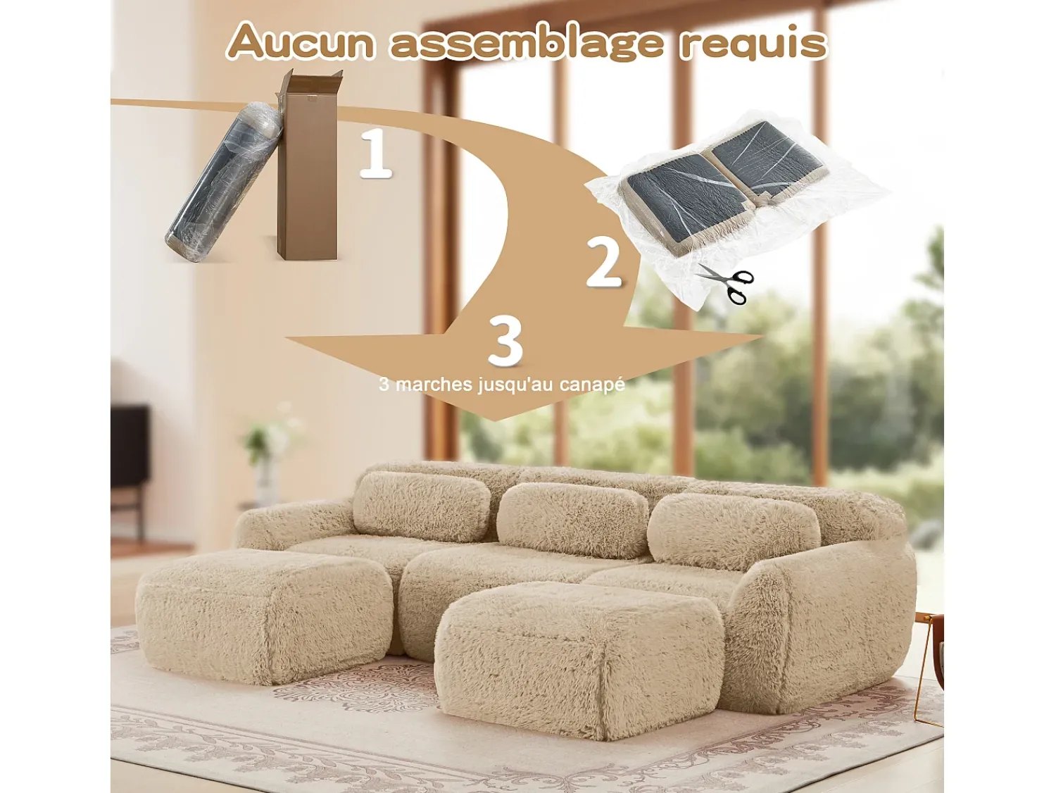 Sofá*DripeX Sofá de Canto Modular em tecido peluche, com 2 puffs e 3 almofadas, 291x179x73cm, Caqui