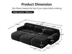 Sofá*DripeX Sofá de Canto Modular em tecido peluche, com 3 puffs e 3 almofadas, 291x179x73cm, Preto