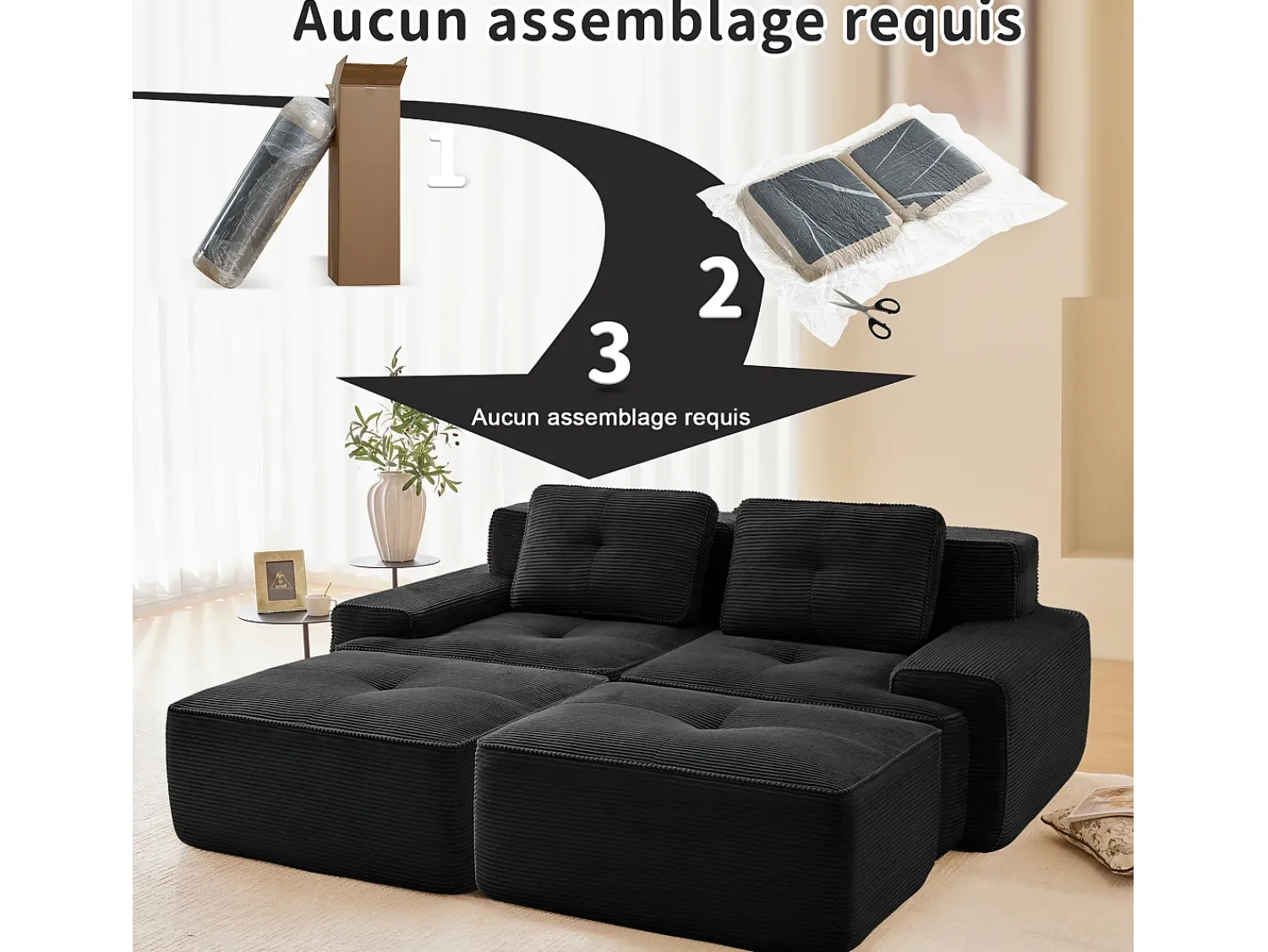 Sofá|DripeX Sofá de Canto Modular em Veludo cotelê, com 2 puffs e 2 almofadas, 204x177x69cm, Preto
