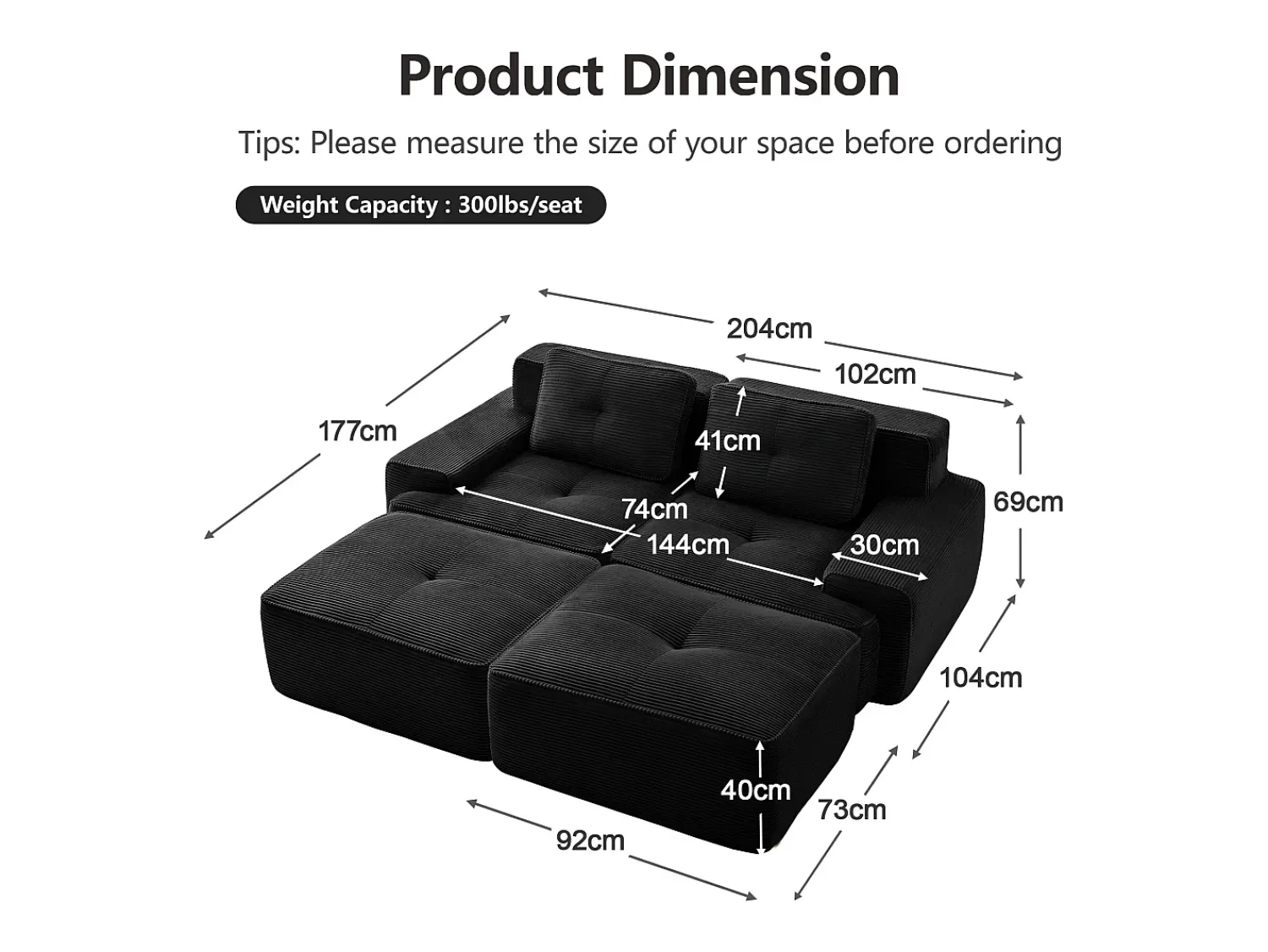 Sofá|DripeX Sofá de Canto Modular em Veludo cotelê, com 2 puffs e 2 almofadas, 204x177x69cm, Preto