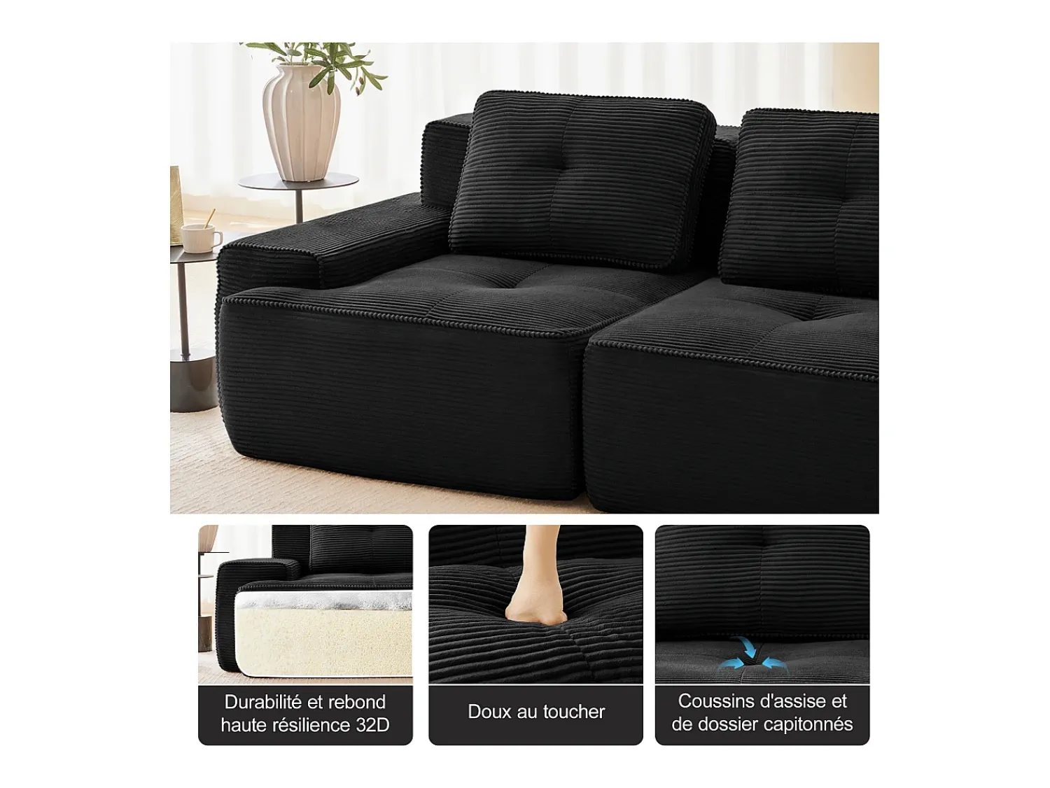 Sofá|DripeX Sofá de Canto Modular em Veludo cotelê, com 2 puffs e 2 almofadas, 204x177x69cm, Preto