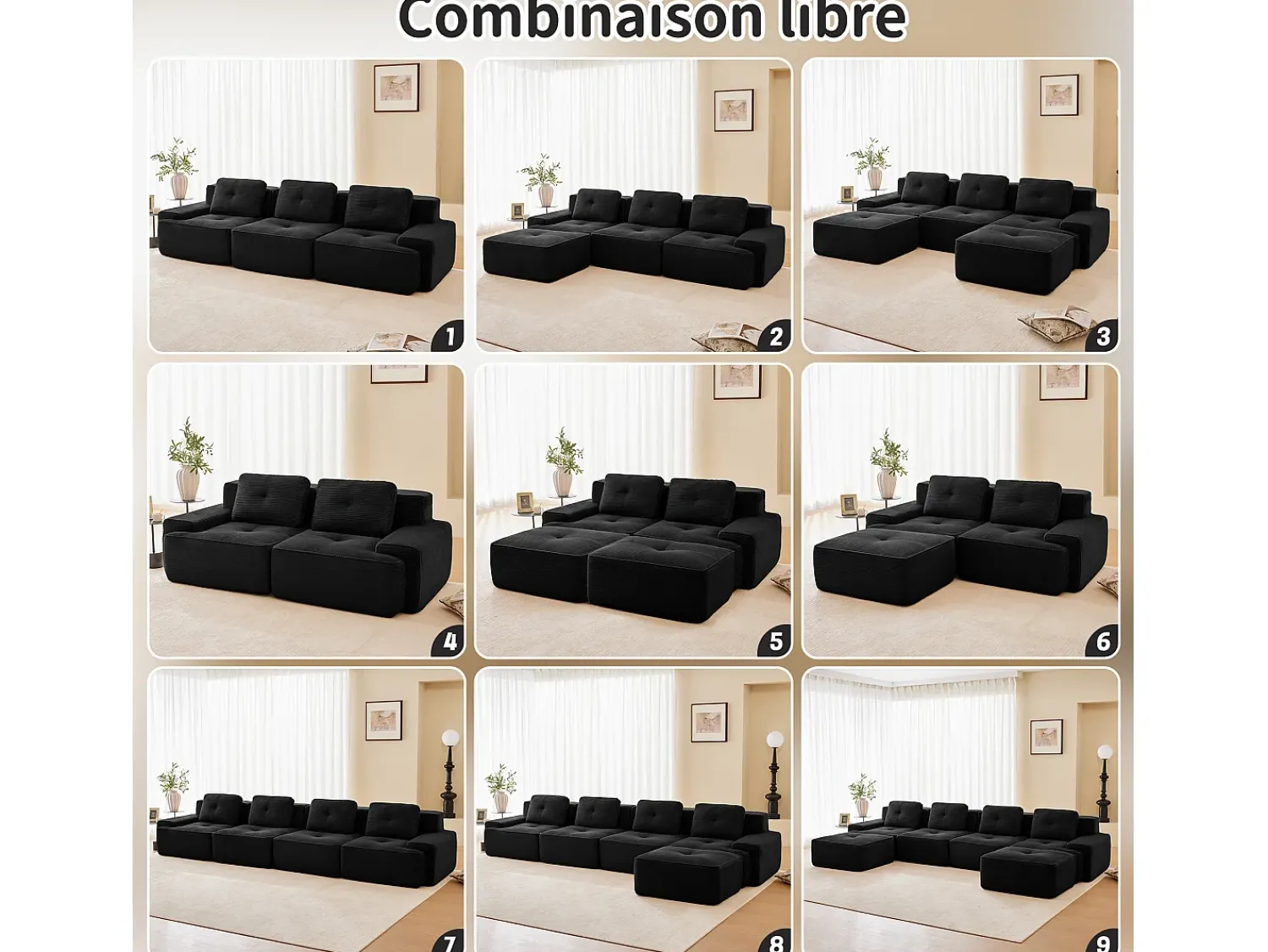 Sofá|DripeX Sofá de Canto Modular em Veludo cotelê, com 2 puffs e 2 almofadas, 204x177x69cm, Preto